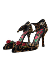 Brown Leopard Floral Crystal Mary Janes Pumps Shoes