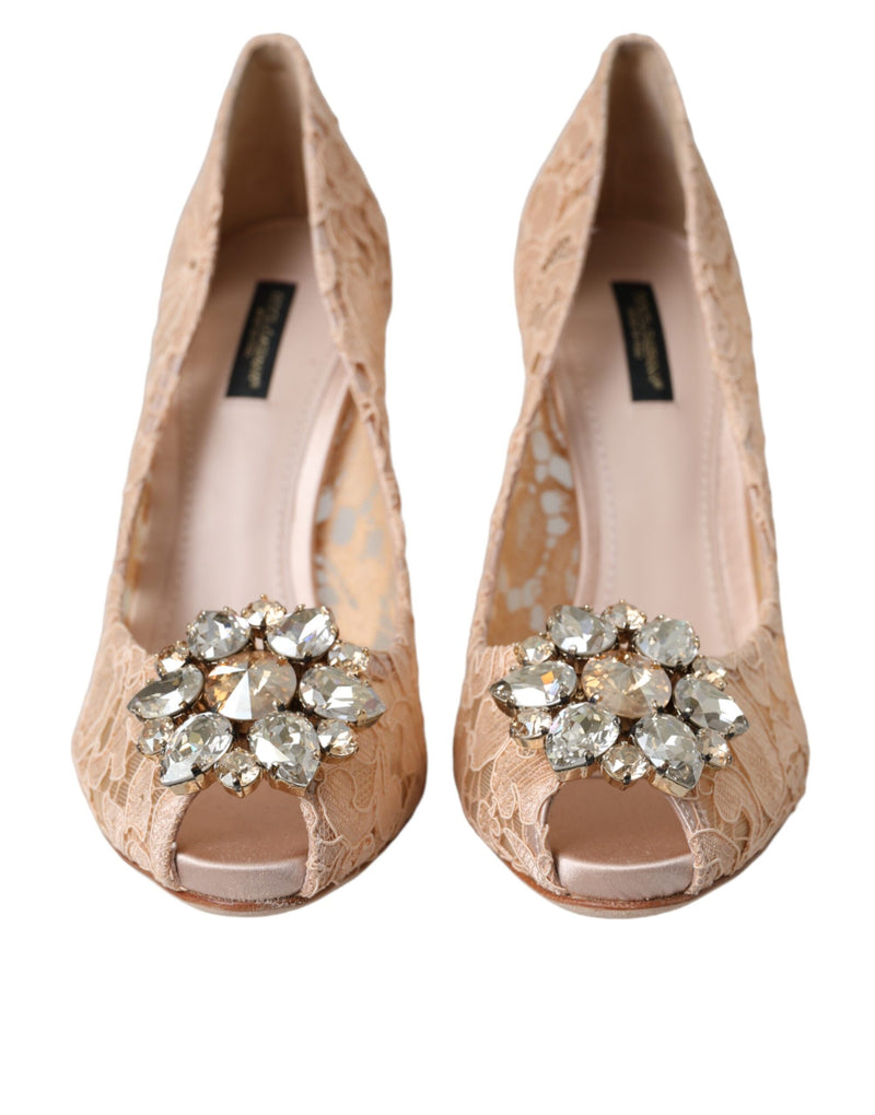 Beige Taormina Lace Crystal Heels Pumps Shoes