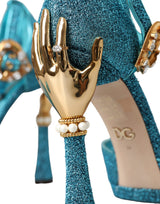 Blue Lurex Bejeweled Hand Heels Sandals Shoes