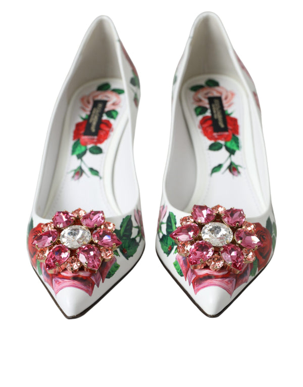 White Leather Roses Crystal Bellucci Pumps Shoes