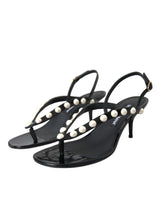 Black Leather Faux Pearl Heel Sandals Shoes