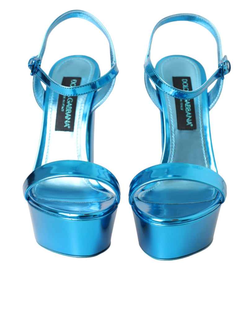 Metallic Blue Leather Platform Sandals Shoes