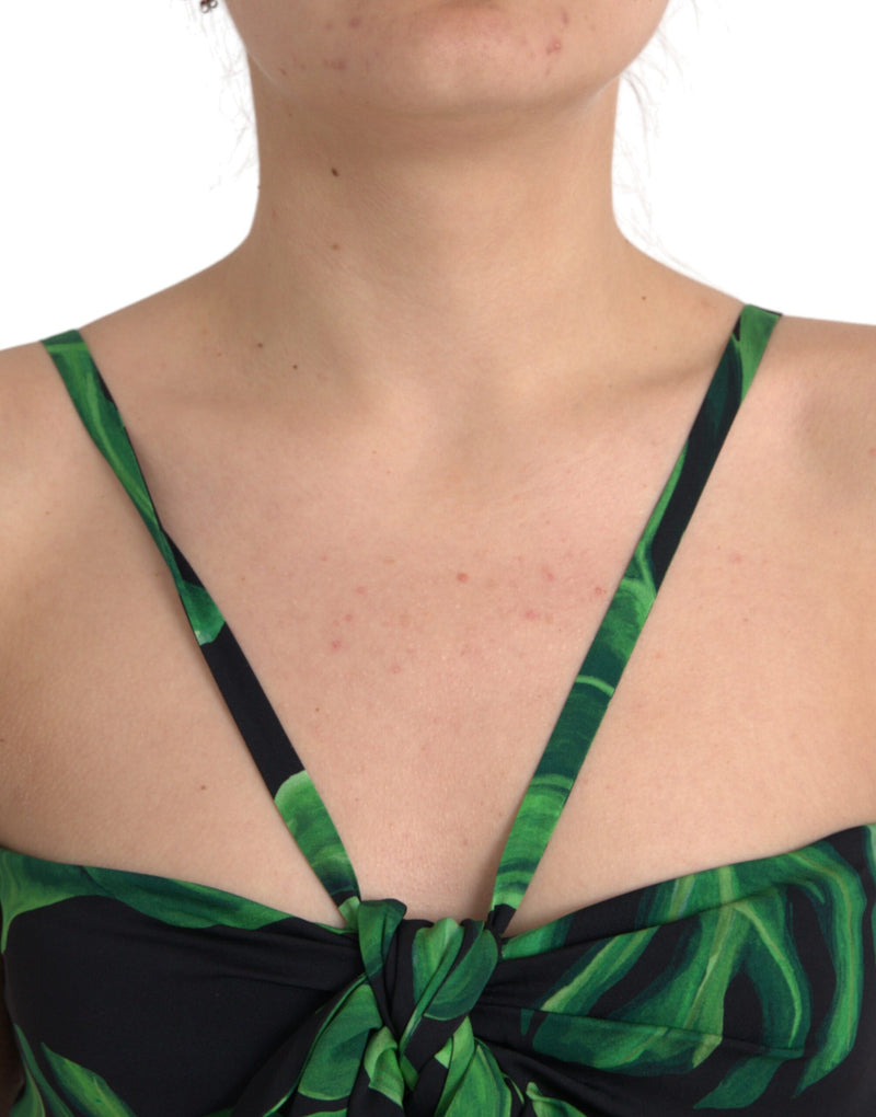 Black Green Leaf Silk Halter Cropped Top