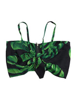 Black Green Leaf Silk Halter Cropped Top