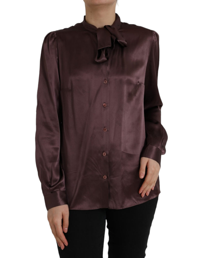 Brown Ascot Collar Long Sleeve Top Blouse