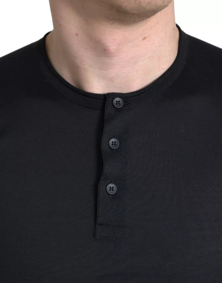 Black Buttoned Roundneck Short Sleeve T-shirt