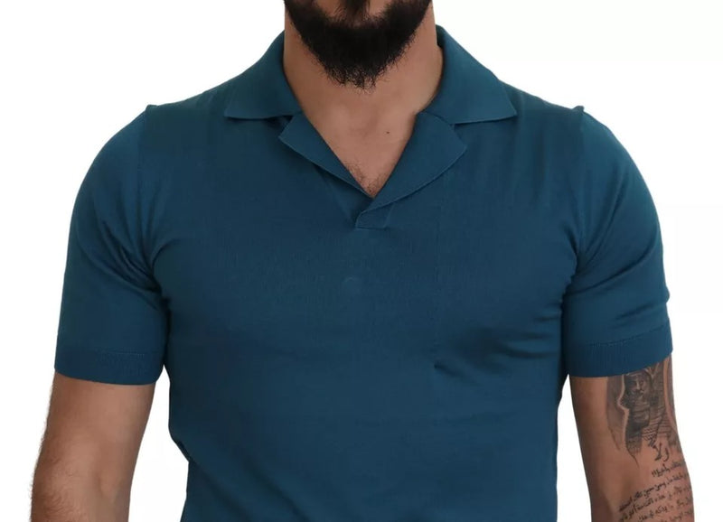 Blue Collared Short Sleeves Silk T-shirt