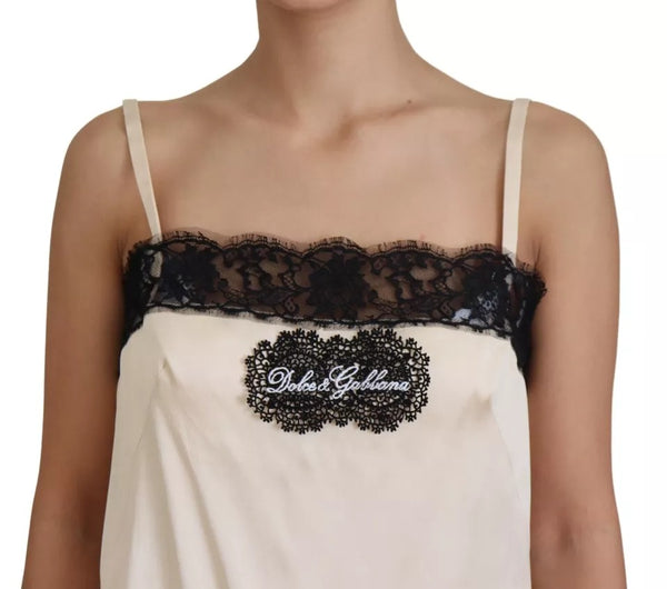 Beige Lace Spaghetti Logo Embroidery Top