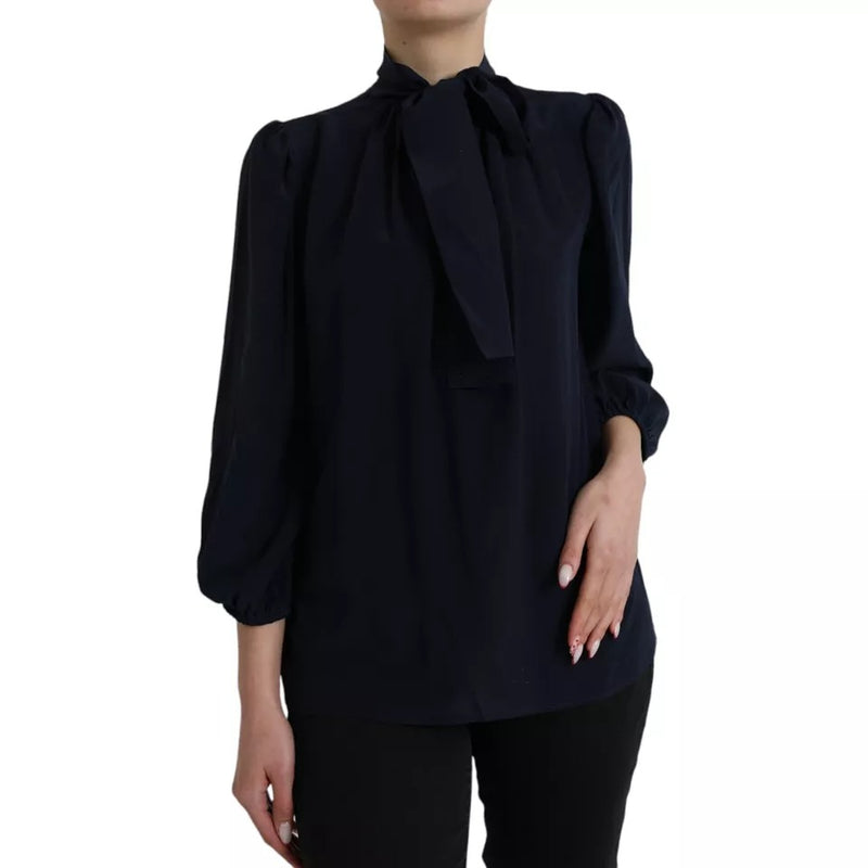 Blue Long Sleeves Ascot Collar Blouse Top