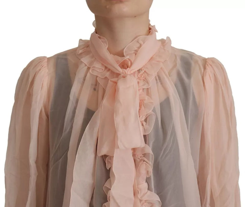 Light Pink Silk Ascot Collar Long Sleeves Top