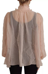 Light Pink Silk Ascot Collar Long Sleeves Top