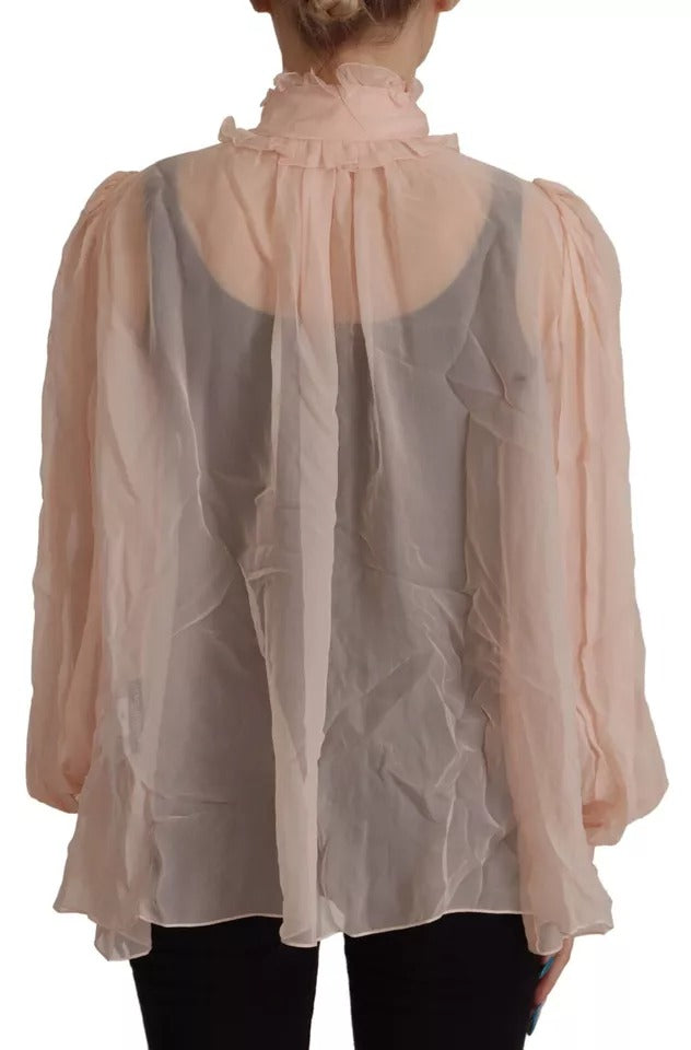 Light Pink Silk Ascot Collar Long Sleeves Top