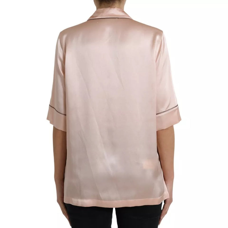 Pink Silk Long Sleeves Logo Pajama Blouse Top