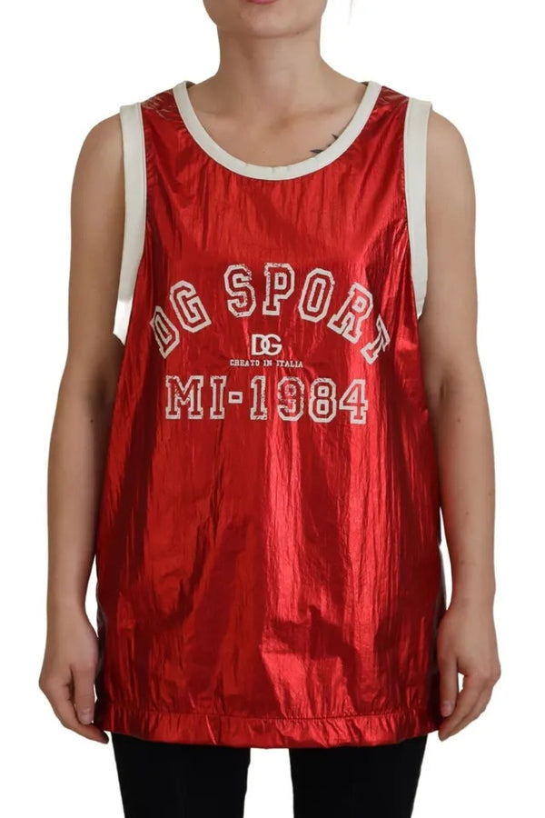 Red Nylon Logo Print Sleeveless Jersey Top