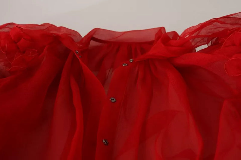 Red Silk Ascot Collar Ruffles Blouse Top