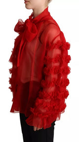 Red Silk Ascot Collar Ruffles Blouse Top