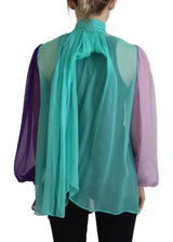 Multicolor Long Sleeves Ascot Collar Silk Top