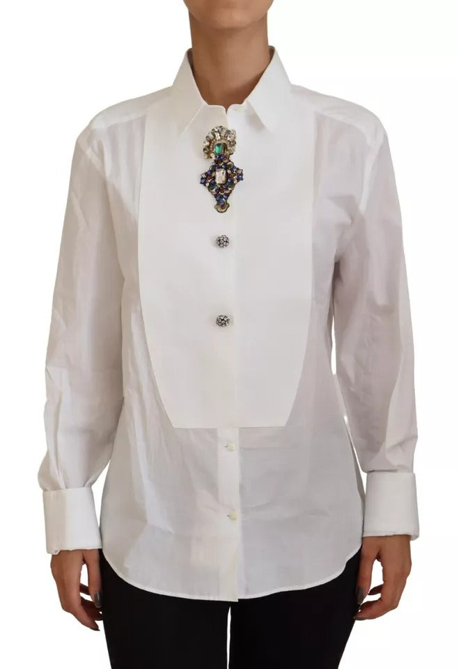 White Cotton Crystals Shirt Embellished Top