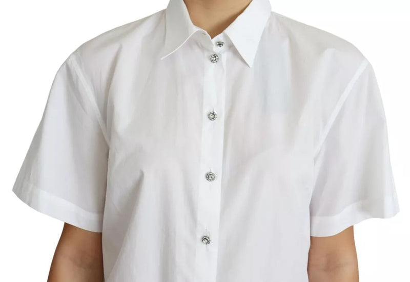 White Cotton Decorative Button Collared Top