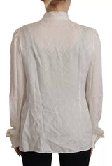 White Patterned Silk Ascot Collar Blouse Top