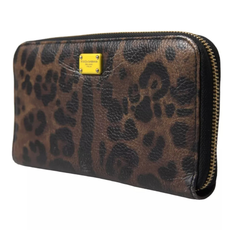 Brown Leopard Leather DG Zip Around Continental Wallet