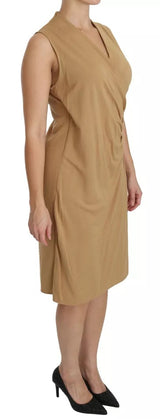 Brown V-neck Shift Knee Length Viscose Dress