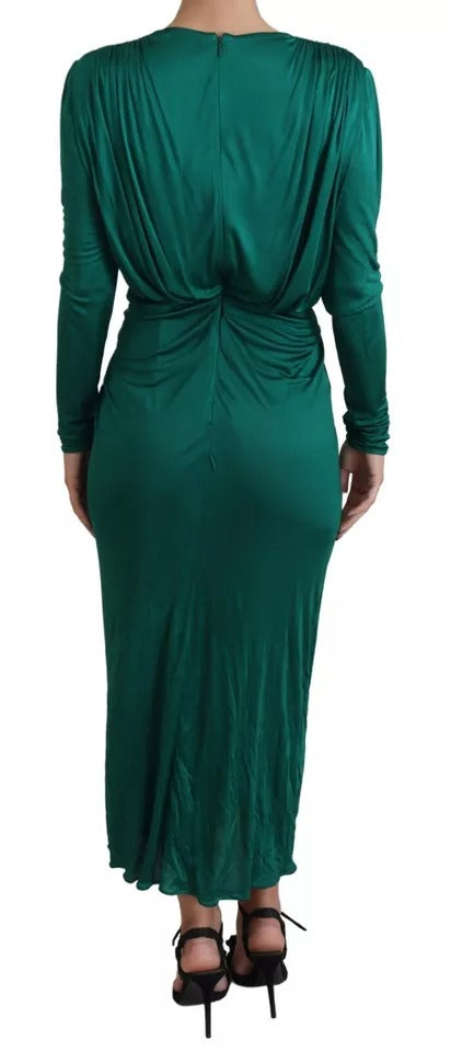 Dark Green Viscose Long Sleeve Midi Dress