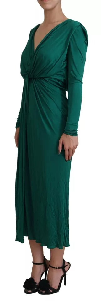 Dark Green Viscose Long Sleeve Midi Dress