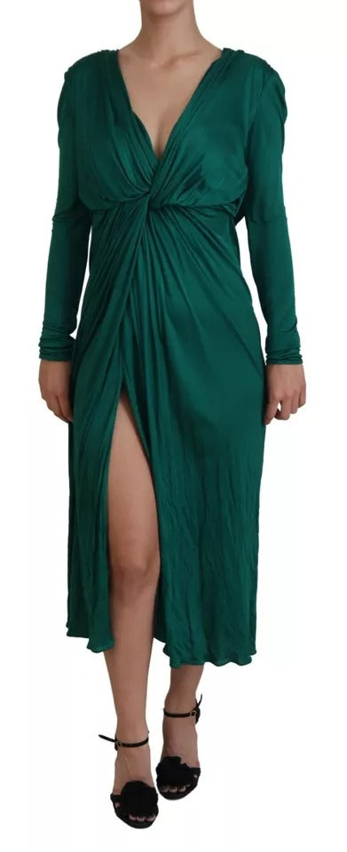 Dark Green Viscose Long Sleeve Midi Dress