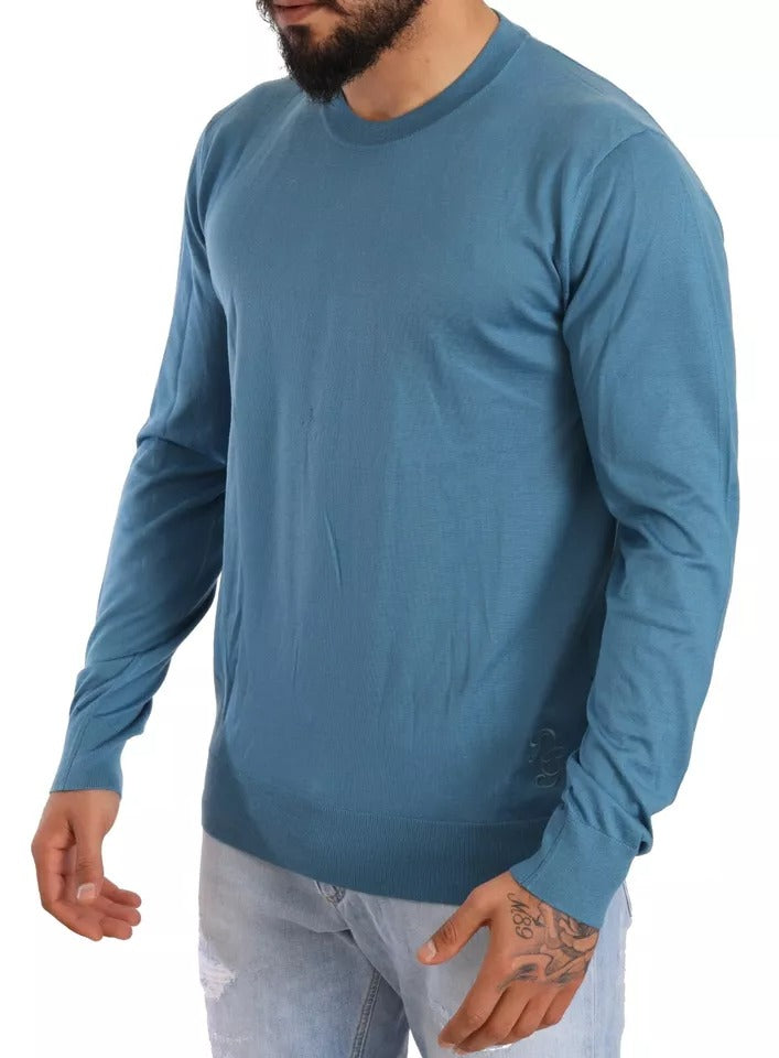 Blue Cashmere Crewneck Pullover Logo Sweater