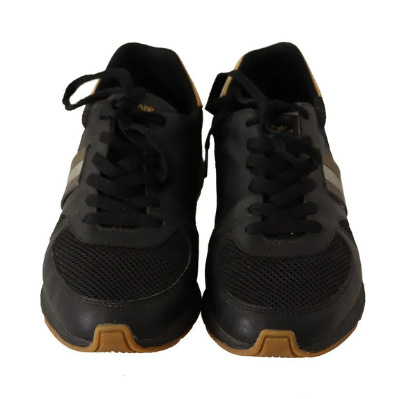 Black Gold Leather Low Trainers Sneakers Men Shoes