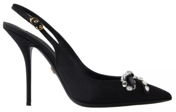 Black Crystal Embellished Slingback Heel Shoes