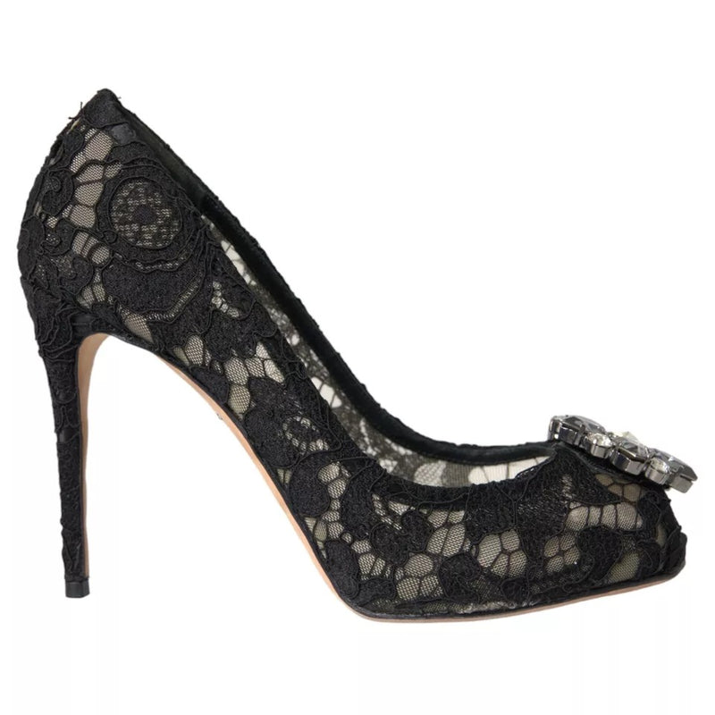 Black Taormina Lace Crystal Heel Pumps Shoes