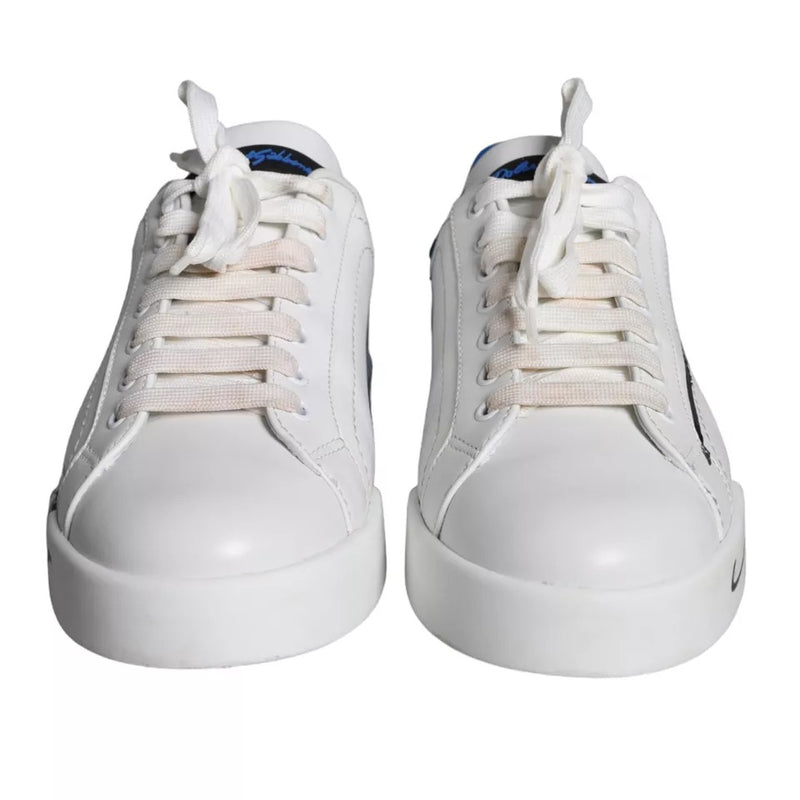 White Blue Leather Logo Low Top Sneakers Men Shoes