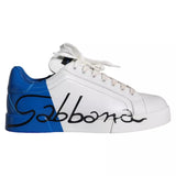 White Blue Leather Logo Low Top Sneakers Men Shoes