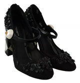 Black Floral Embellish Heels Mary Janes Pumps Shoes