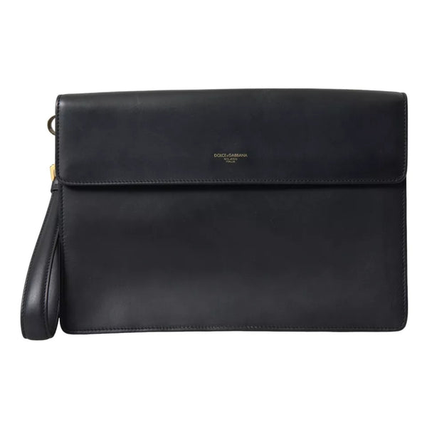 Black Calf Leather Large Logo Document Holder Clutch Men Bag