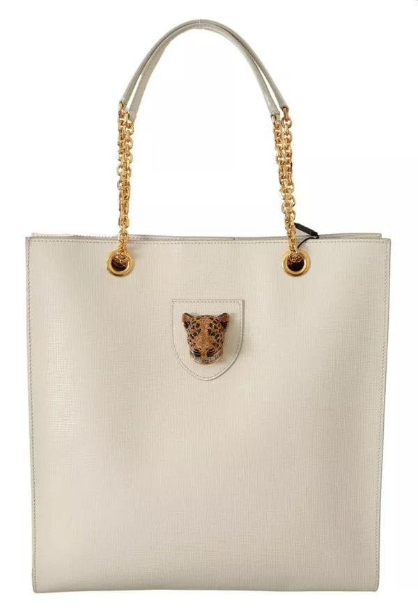 White Crystal Leopard Head Leather JUNGLE Tote Bag