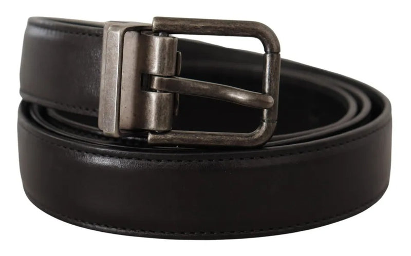 Black Calf Leather Vintage Logo Metal Buckle Belt