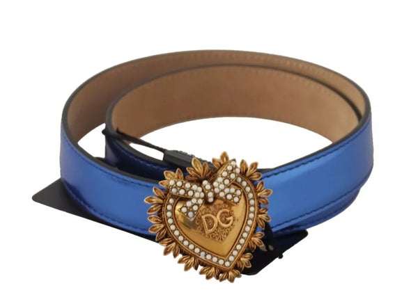 Blue Leather DEVOTION Heart DG Logo Metal Buckle Belt