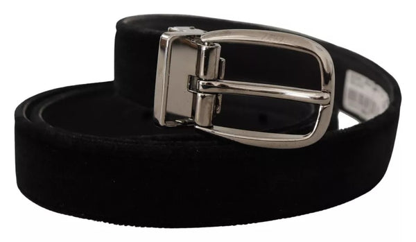 Black Velvet Silver Tone Metal Logo Buckle Belt