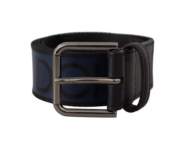 Blue Black Logo Print Silver Buckle Belt