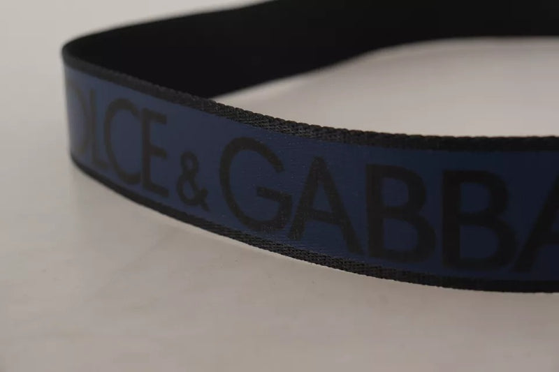 Blue Black Logo Print Silver Buckle Belt