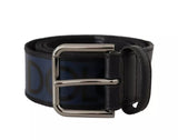 Blue Black Logo Print Silver Buckle Belt