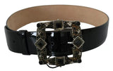 Black Shiny Leather Crystal Logo Buckle Belt