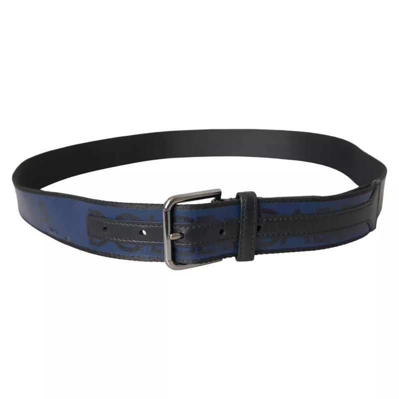 Blue Leather Logo Print Metal Buckle Men Belt