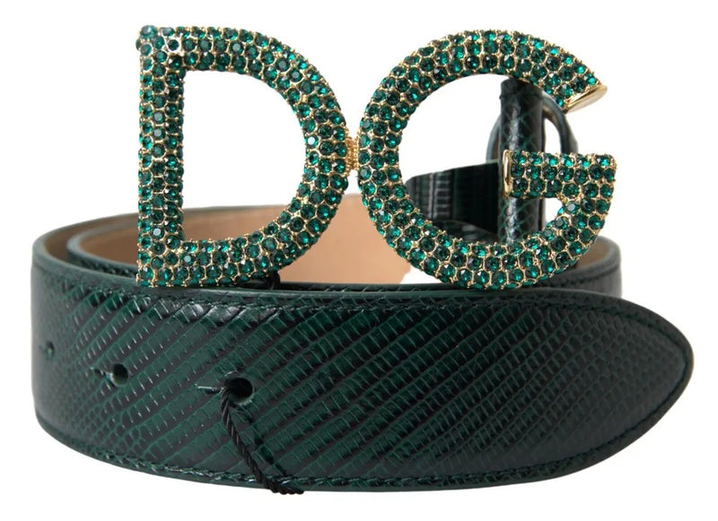 Green Iguana Leather DG Crystal Gold Buckle Belt