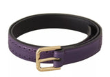 Purple Leather Gold Logo Engraved Metal Buckle Belt