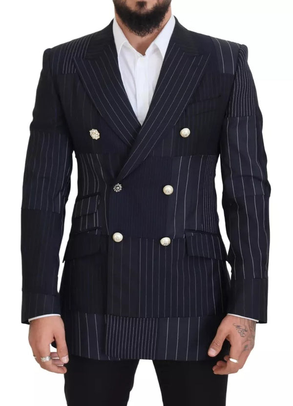 Blue Wool Patchwork Double Breasted Blazer