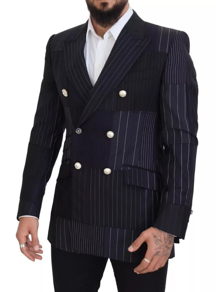 Blue Wool Patchwork Double Breasted Blazer